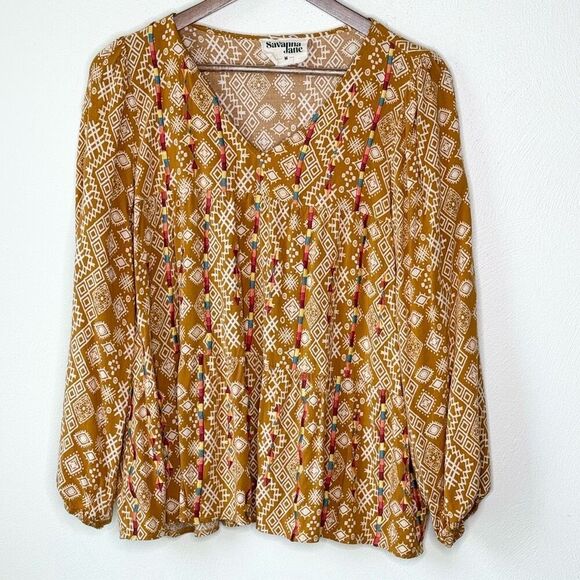 Savanna Jane Long Sleeve Top V Neck Pullover Embroidered BOHO Peplum Blouse - Wo - Picture 1 of 6